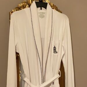 Ralph Lauren White Bath Robe with Satin Navy Piping Trim Embroidered Logo Sz M
